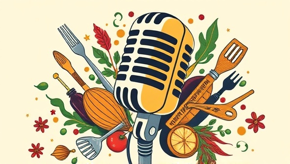 A captivating podcast cover art featuring a stylized microphone intertwined with culinary elements like spices, utensils, and cultural symbols, hinting at a blend of storytelling and gastronomic exploration in an audio format that captivates the imagination.
