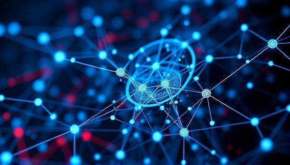 An abstract representation of AI algorithms at work, with interconnected nodes and data streams forming dynamic patterns, symbolizing precision and intelligence in ad targeting.