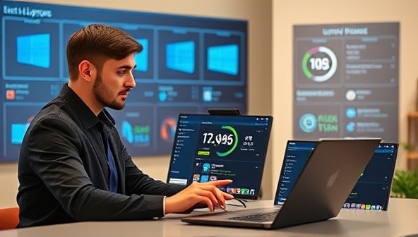 A tech-savvy consultant assisting a client in choosing the right laptop upgrade, showcasing a range of options and specs, with a digital interface displaying performance metrics and improvement suggestions, conveying expertise and personalized service.