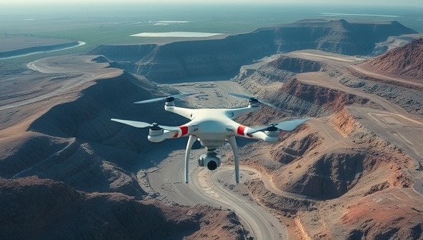 An aerial shot of a mining site captured by a drone, showcasing the detailed topographical data and mapping accuracy achieved through drone surveying services, emphasizing the benefits of this advanced technology for mining operations.