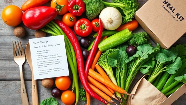A vibrant image of fresh, colorful vegetables arranged in eco-friendly packaging, surrounded by reusable utensils and a handwritten recipe card, showcasing the natural and sustainable aspects of the meal kit delivery service.