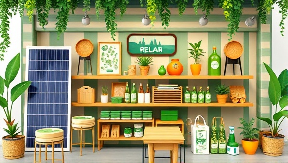 An online marketplace visual featuring a diverse array of eco-friendly products such as solar panels, reusable items, and energy-efficient gadgets, displayed in a virtual storefront setting, highlighting sustainability and green living options for buyers and sellers on the platform.