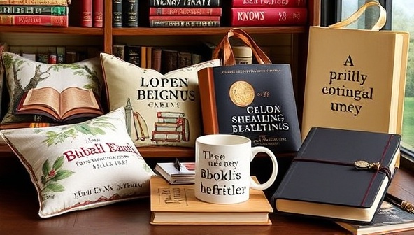 A visually stunning collection of literary merchandise items, including a cozy reading nook with book-themed cushions, a literary-inspired tote bag, a mug with a book quote, and an elegant journal, showcasing the diverse and creative offerings of Inkwell Creations Studio's product line.