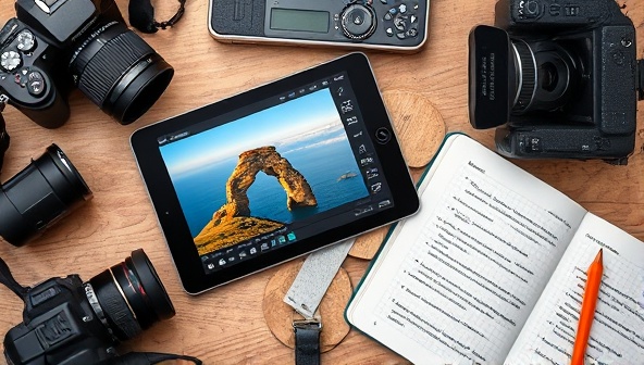A digital tablet displaying a stunning travel photograph being edited, surrounded by camera equipment, photography books, and a notebook filled with creative ideas, inspiring creativity and learning.