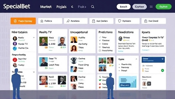 An artistic depiction of a marketplace interface displaying diverse niche categories, such as politics, reality TV, and unconventional sports, with expert insights, predictions, and trends highlighted for each specialized market, symbolizing the unique and tailored offerings of the SpecialBet Insights platform.