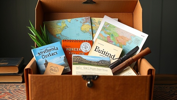 An enticing and visually appealing travel box filled with exotic souvenirs, cultural artifacts, travel guides, and interactive elements, evoking a sense of wanderlust and adventure for recipients of WanderBox Adventures' personalized travel experience boxes.