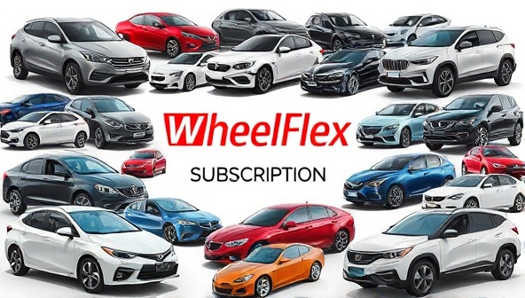 A dynamic collage of different vehicle types, from compact cars to luxury sedans, symbolizing the diverse options available through the WheelFlex Subscription service, appealing to customers' desire for variety and flexibility.