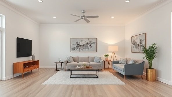An empty room transformed into a beautifully staged living space through virtual staging, featuring contemporary furniture, stylish decor, and soft lighting to highlight the potential of the space.