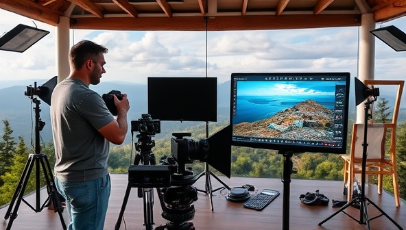 A virtual photography class setup with a professional photographer demonstrating composition techniques on a scenic backdrop, surrounded by camera equipment, editing tools, and a digital screen displaying a captivating travel photo, inspiring creativity and learning.