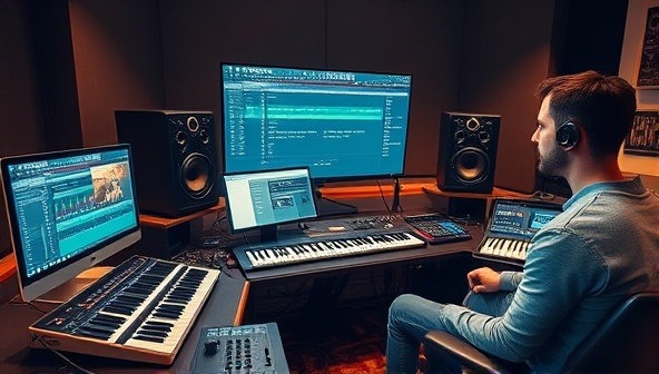 An online music production class scene featuring a virtual studio setup with MIDI controllers, mixing boards, and music production software interfaces, with an instructor guiding students through music composition and production techniques, fostering creativity and skill development in a digital learning environment.