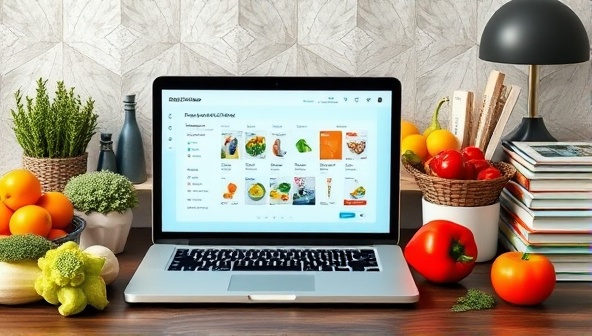 An organized desk setup with a laptop displaying a sleek meal planning platform interface, surrounded by colorful fruits, vegetables, and recipe books, conveying a sense of nutrition, health, and convenience.