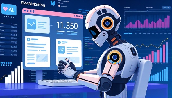 An animated illustration of a futuristic AI robot composing personalized emails on a digital interface, surrounded by data points and engagement metrics, conveying the concept of AI-powered personalization in email marketing.