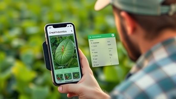 An interactive digital visualization of the CropCare AI app interface, showing a farmer using the image recognition feature to scan a plant leaf for disease symptoms, with instant diagnosis results and treatment recommendations displayed on the screen, highlighting the app's advanced AI capabilities in crop care and management.