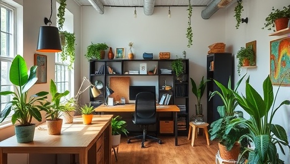 A visually appealing studio workspace featuring eco-friendly design elements like plants, recycled materials, and energy-efficient lighting, reflecting the sustainable ethos of GreenWeb Creations.