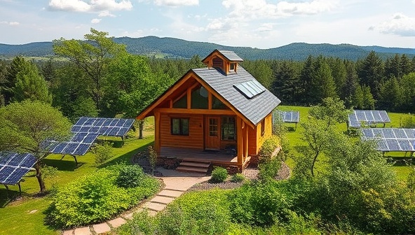 A picturesque landscape with a beautifully designed eco-friendly tiny home surrounded by lush greenery and solar panels, capturing the essence of sustainable living in a harmonious natural setting.