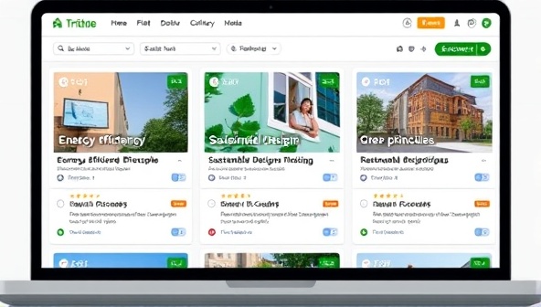 An online learning platform interface displaying course modules on energy efficiency, sustainable design principles, and green building techniques, with interactive quizzes, video lectures, and downloadable resources, illustrating a dynamic and informative educational experience.