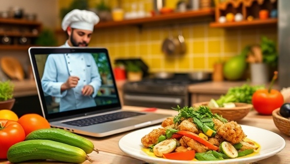 A vibrant kitchen setting with a chef conducting an online cooking class on a laptop, surrounded by colorful ingredients, cooking utensils, and a beautifully plated dish, evoking a sense of culinary creativity and learning.