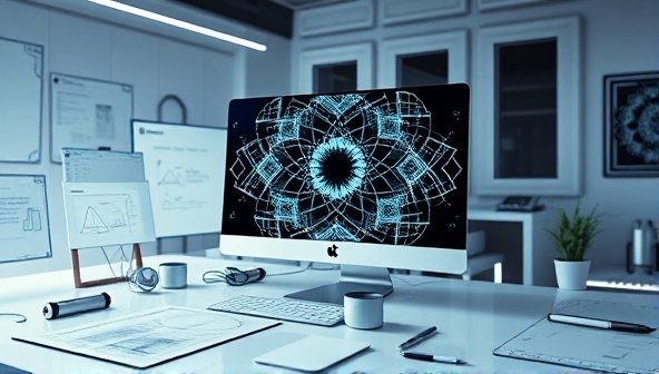 A futuristic workspace with a computer screen displaying intricate design patterns being generated by advanced AI algorithms, surrounded by creative sketches and digital wireframes, symbolizing innovation and precision in web design.