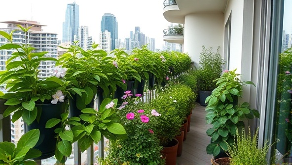 An urban apartment balcony transformed into a lush vertical garden filled with vibrant greens and delicate flowers, surrounded by modern cityscape views, blending nature with urban living.