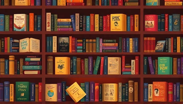 An animated bookshelf filled with diverse genres of books, with each book glowing with personalized recommendations and user reviews, creating a visually appealing and interactive way to discover new reads.