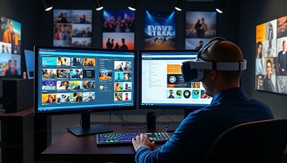 A digital workspace setup with dual monitors displaying event planning software, colorful event posters on the walls, and a virtual reality headset, symbolizing creativity and tech-savviness in virtual event planning.