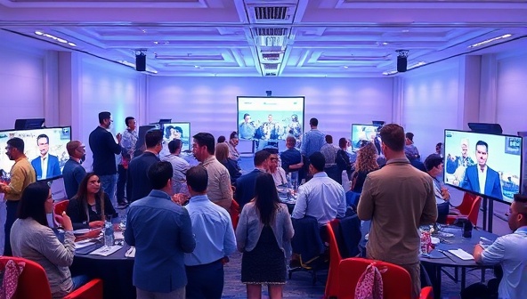 A virtual event setup with a diverse group of attendees engaging in interactive activities, networking virtually, and attending virtual sessions, illustrating the seamless and immersive experience offered by the platform.