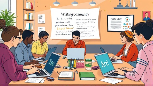 An artistic depiction of a virtual writing community, with diverse individuals typing on laptops, sharing stories on digital screens, and engaging in lively discussions in a virtual setting that reflects creativity and collaboration.