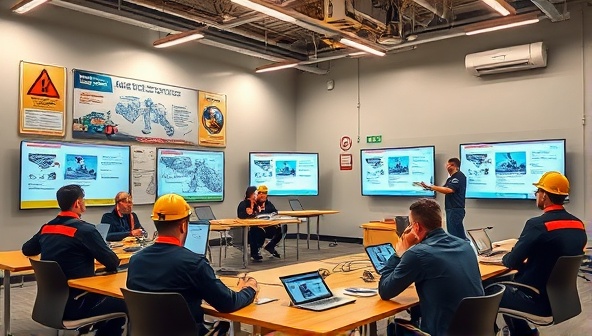 An image of a modern classroom setup in the training center, with safety posters on the walls, interactive training modules displayed on screens, and instructors conducting hands-on safety drills with mining equipment replicas.