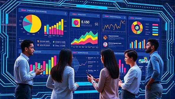 An engaging visual of a futuristic AI interface displaying colorful graphs and data charts related to social media metrics, with a diverse group of professionals analyzing the information together, conveying innovation and collaboration.