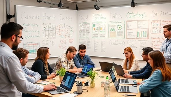 A vibrant tech hub environment with startup teams collaborating on agri-tech projects, surrounded by whiteboards filled with innovative ideas, laptops displaying agricultural data analytics, and a diverse group of entrepreneurs discussing solutions for the future of farming, embodying creativity and technological advancement in agriculture.