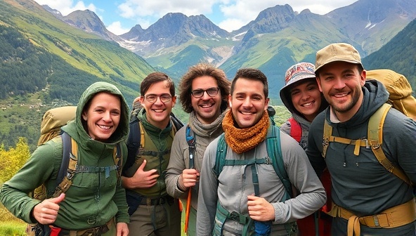 A dynamic image of a group of smiling hikers wearing various rented outdoor gear, surrounded by lush greenery and towering mountains, capturing the essence of adventure and exploration.