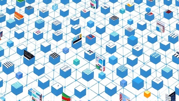 An intricate network of interconnected blocks representing blockchain technology, with design elements and portfolio snapshots flowing through the blocks, symbolizing the secure and transparent nature of BlockDesign's marketplace for web designers and clients.