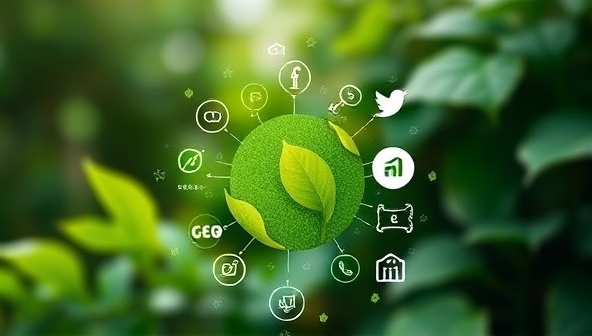 An aesthetically pleasing digital artwork featuring a blend of natural elements and digital marketing symbols, such as green leaves intertwined with social media icons and sustainable branding elements, representing the harmony between eco-conscious values and digital marketing expertise at EcoEcho Marketing.