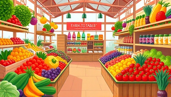 A vibrant digital illustration of a virtual marketplace showcasing colorful fruits, vegetables, and locally made products, with a seamless interface for browsing and ordering, creating an enticing farm-to-table experience.