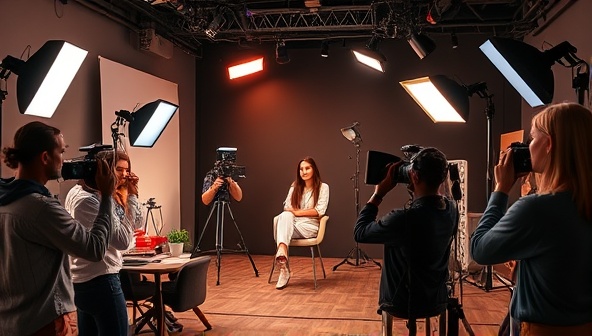 An engaging visual of a diverse group of professionals filming their video resumes in a creative studio setup, with lights, cameras, and props, capturing the essence of individuality and innovation in the recruitment process.