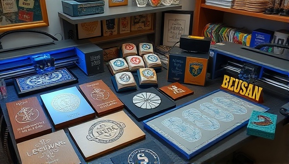 An artistic workspace with laser engraving machines in operation, creating intricate designs on various materials, surrounded by a collection of beautifully engraved products ranging from personalized gifts to branded merchandise, showcasing precision and creativity in custom engraving services.
