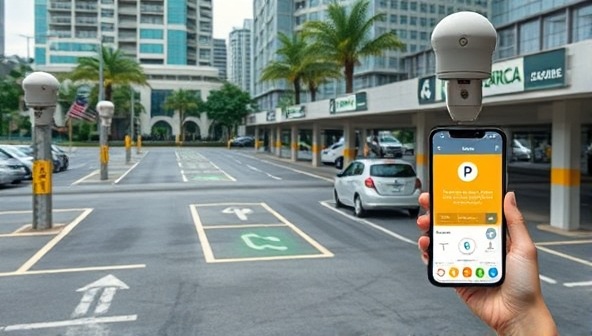An urban parking lot equipped with smart sensors and digital signs displaying real-time parking availability, with a mobile app interface showing users the nearest available parking spots and navigation directions, highlighting the convenience and efficiency of the smart parking management system.