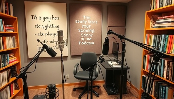 A podcast studio setup with microphones, soundproofing panels, and recording equipment, surrounded by shelves of books and inspirational quotes, creating a cozy and professional atmosphere for storytelling podcast production.