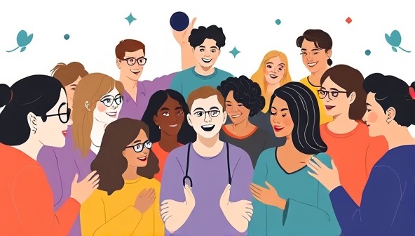 An artistic representation of diverse individuals engaging in supportive interactions in a virtual setting, symbolizing the inclusive and empowering community fostered by MindMingle Community for mental health support.