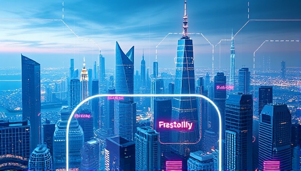 An artistic rendering of a digital landscape with a virtual influencer seamlessly integrated into a futuristic cityscape, representing the blend of technology and marketing in the virtual world.