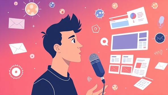 An interactive illustration of a user speaking to a microphone, surrounded by virtual design elements floating in the air and transforming into a website layout, illustrating the intuitive and dynamic nature of VoiceDesign Pro's voice-activated platform for web design.