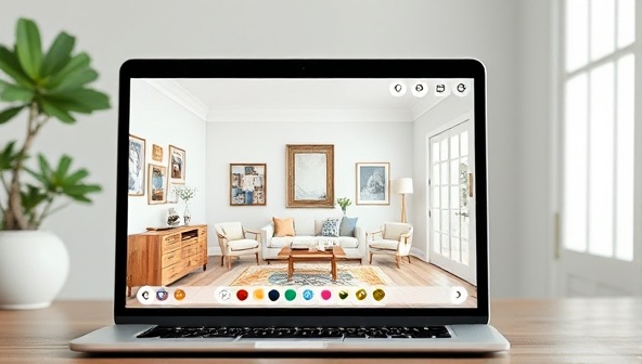 A laptop displaying a beautifully designed virtual room with color swatches, furniture images, and decor samples, illustrating the concept of remote interior design consultations.