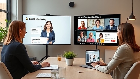 An engaging virtual personal branding consultancy setup with consultants conducting a brand discovery session, analyzing client brand assets on screens, and brainstorming creative branding strategies, reflecting a personalized and strategic approach to personal brand development.