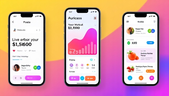 An engaging mobile app interface showing a user tracking their workout progress, receiving live coaching sessions, and accessing nutrition tips, all within a vibrant and motivating digital environment.