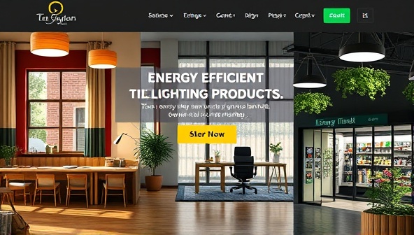 An aesthetically pleasing website banner featuring a range of energy-efficient lighting products in various settings, including a cozy home, a modern office, and a sustainable eco-friendly store, conveying the ambiance and energy savings potential of the products.