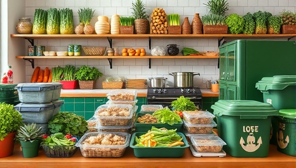 An eco-friendly meal prep kitchen showcasing fresh organic ingredients, reusable containers, composting bins, and customers engaging in sustainable cooking practices, promoting a green and earth-friendly approach to meal preparation and consumption.