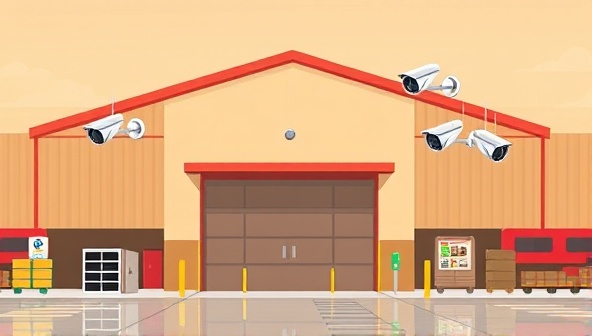 An illustration of a warehouse exterior with IoT cameras installed at strategic locations, connected to a central monitoring station displaying live feeds and alerts, conveying a sense of security and surveillance efficiency in remote monitoring.