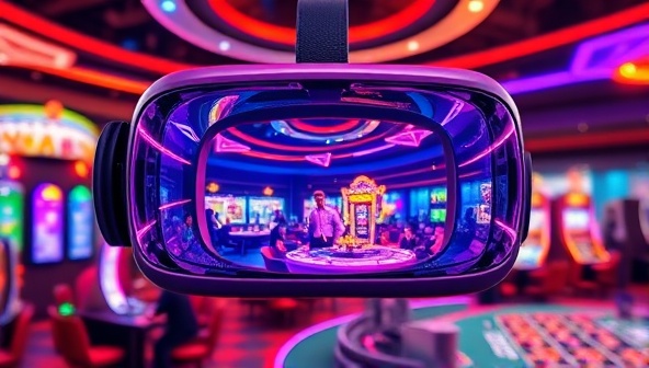 A futuristic VR headset displaying a vibrant virtual casino world with players interacting with virtual dealers and enjoying various casino games, highlighting the immersive and engaging experience of VR gambling.
