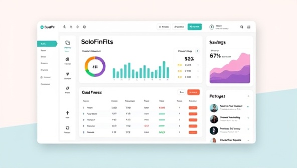 An online platform interface showcasing SoloFinFit's dashboard with financial goal trackers, savings calculators, and a community forum for freelancers to connect and share financial insights, promoting financial empowerment and well-being in the gig economy.