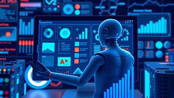 An AI-powered virtual assistant analyzing design elements on a computer screen, surrounded by futuristic digital graphics and charts, symbolizing the advanced technology behind DesignBuddy AI.